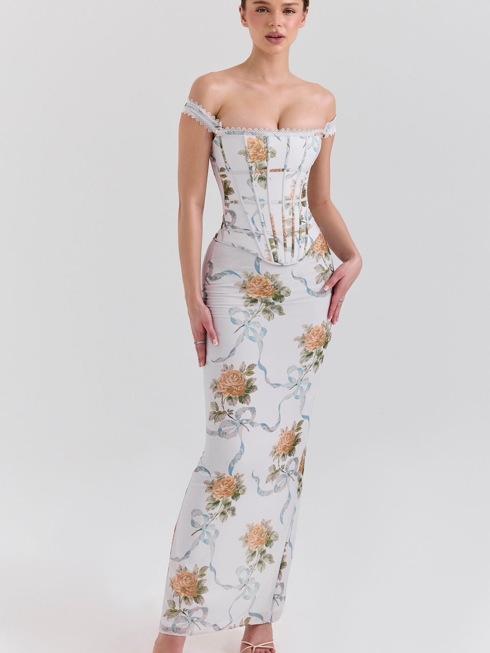Off-Shoulder White Floral Corset Maxi Dress